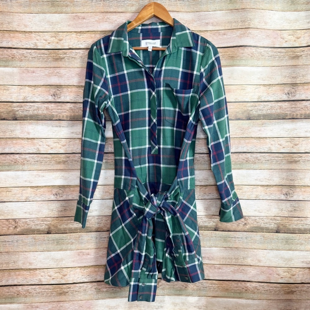 Derek Lam 10 Crosby Green Blue Plaid Drop Waist Tie Front Flannel Dress Size 8